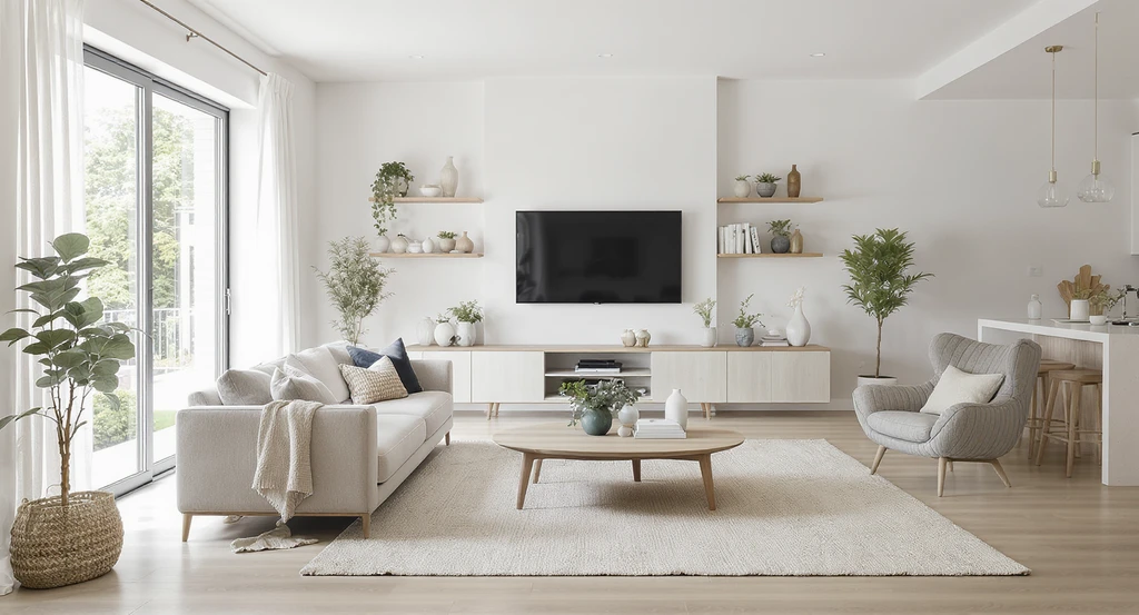 Ultra-realistic modern living room with clean lines, natural textures, well-scaled furniture, and balanced light, visualized with AI for interior design styles.