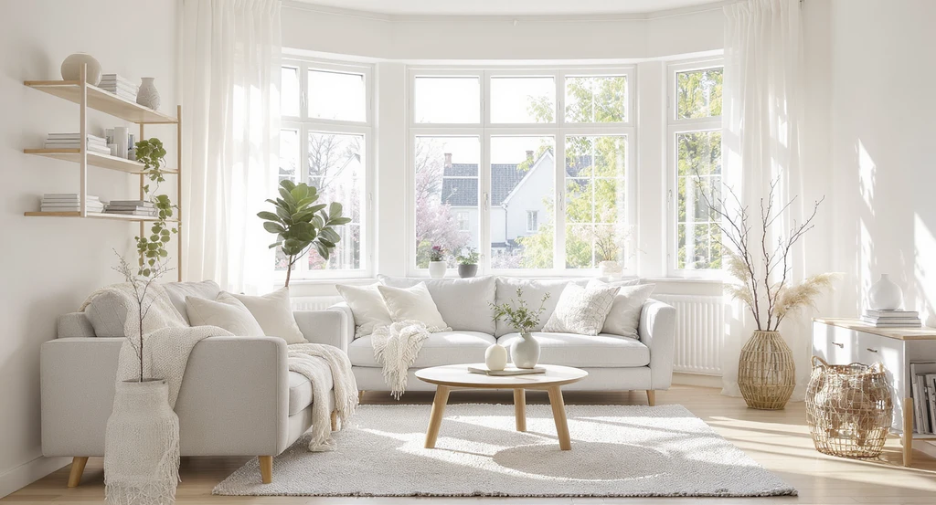 Bright Scandinavian living room with natural light, pale furnishings, wool and linen textures, warm wood accents, and nature-inspired decor. Editorial ai visualization for interior design styles, how to choose design style with ai, ai tools for room makeovers, virtual staging using ai technology, best practices for ai home design.