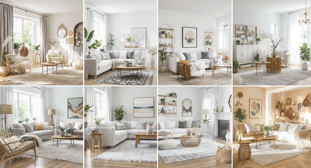 A realistic living room visualization showcasing ten popular interior design styles side by side, created with ai tools for room makeovers and virtual staging using ai technology.