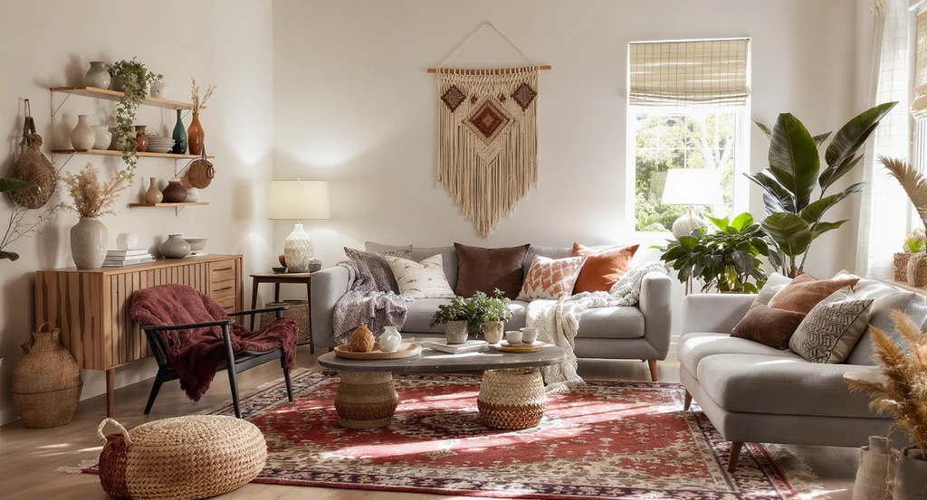 Bohemian-style living room using ai visualization for interior design styles, showing curated layering of textiles and decor with open circulation zones.