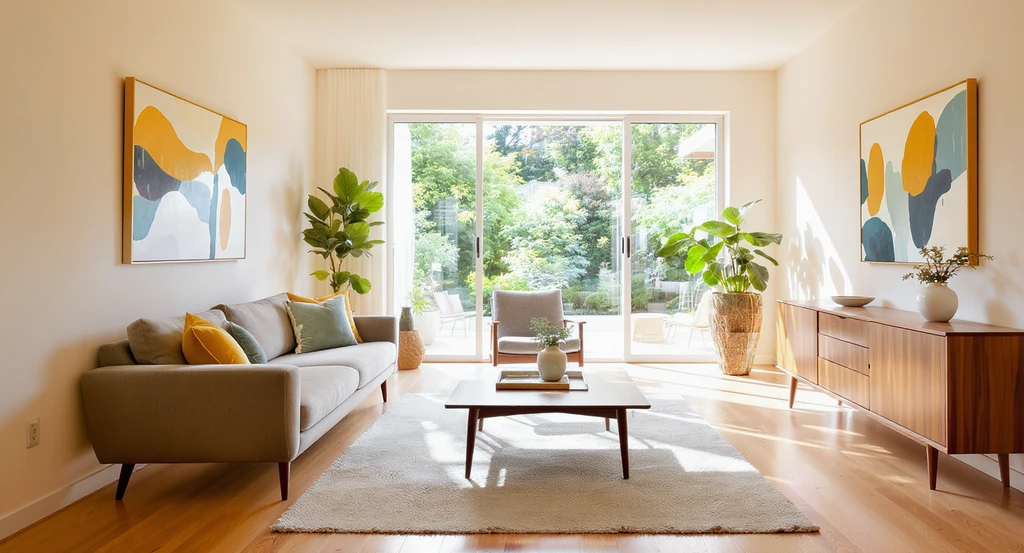 Ultra-realistic Mid-Century Modern living room visualized with ai: balanced spacing, low-slung walnut furniture, accent colors, open layout, virtual staging for design style selection.