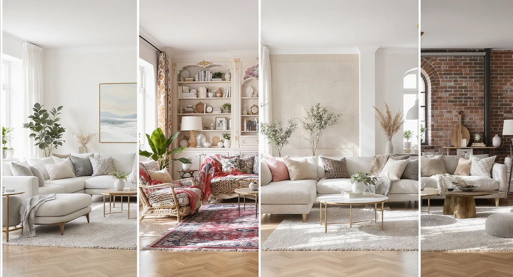 Editorial-style photorealistic living room shows side-by-side vignettes of major interior design styles for ai visualization of room makeovers and virtual staging.