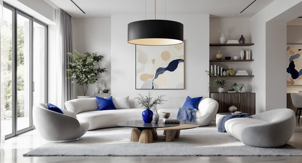 Contemporary style living room with sculptural furniture, statement lighting, muted palette, and on-trend accent colors, visualized using ai home design best practices.