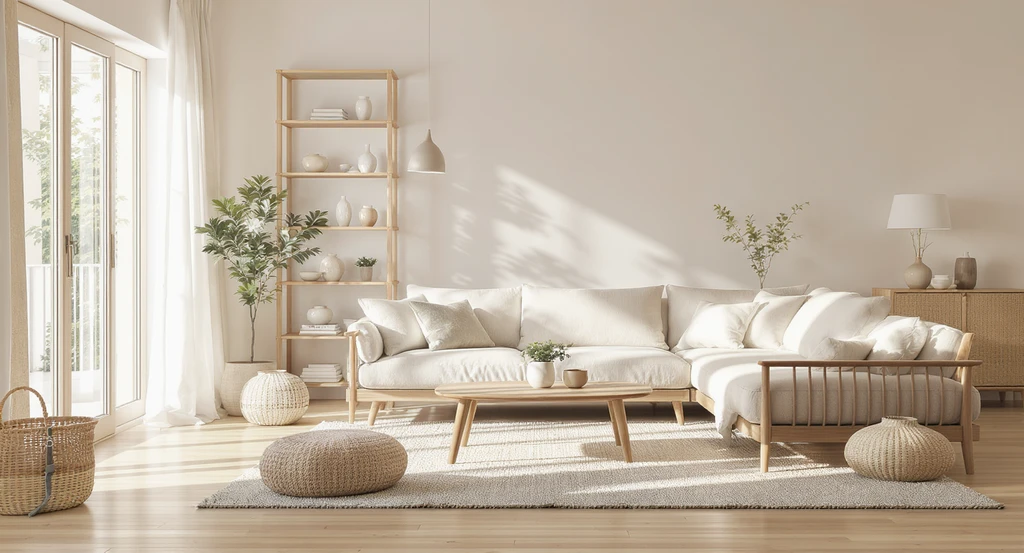 Sunlit Japandi living room combines low, natural wood furniture and warm lighting. AI visualization for interior design styles and best practices for ai home design.