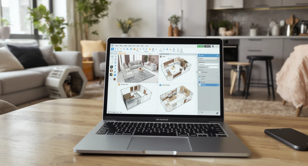 Photorealistic living room shows an AI interior design tool on a laptop, optimizing awkward room layouts for rentals with pet-friendly zones.