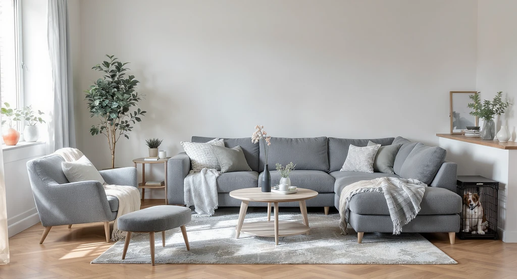 Photorealistic living room shows ai living room layout ideas with modular sofa, open shelving, accent chair, pet crate under console table, and virtual living room arrangement suggestions in a tricky rental space.