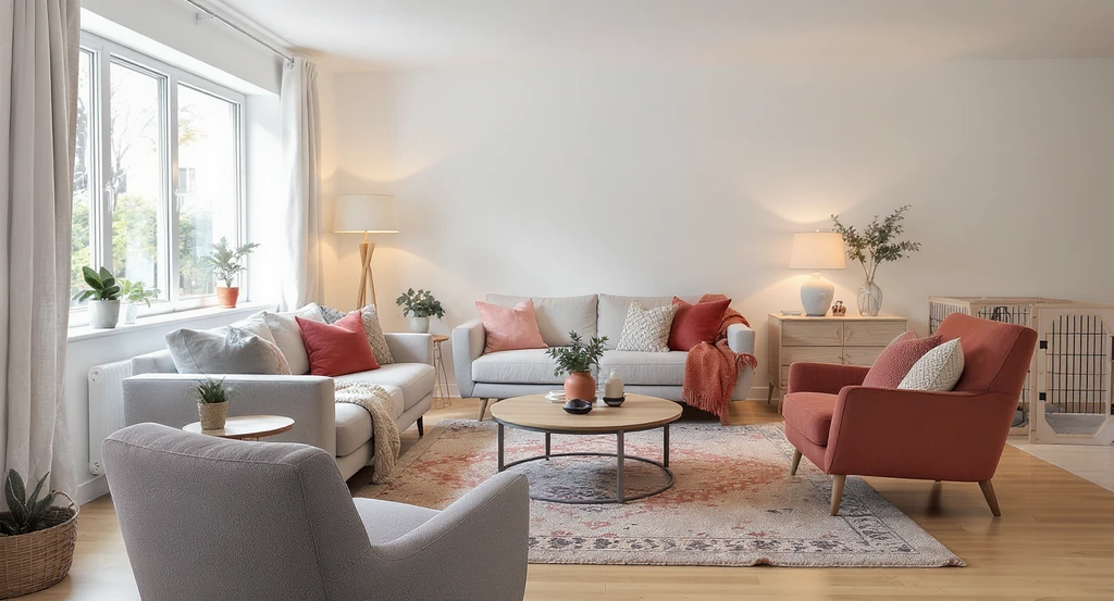 Modern rental living room arranged with ai living room layout ideas: central open walkway, coordinated pet-friendly accessories, layered lighting, and open-base furniture optimize awkward layout using ai tools for pet friendly interiors.