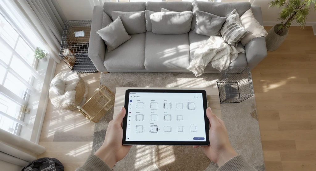 Photorealistic overhead view of a rental living room with virtual living room arrangement suggestions, ai layout app on a tablet, sectional sofa, and dog crate in multiple positions, illustrating ai living room layout ideas and using ai for rental space design.