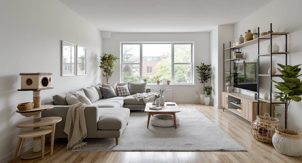Photorealistic AI-assisted living room layout ideas for awkward rental spaces featuring pet-friendly design elements and optimized furniture arrangement using virtual room planning.