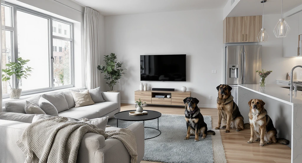 Photorealistic rental living room with awkward angled kitchen island, large dog kennels, and constrained furniture—showing ai living room layout ideas, using ai for rental space design, virtual living room arrangement suggestions, and how to optimize awkward room layouts with ai.