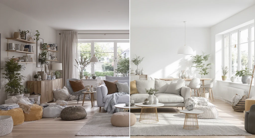 A realistic open-plan living room digitally staged with proportionate furniture and minimal decor, showcasing how AI enhances home staging impressions.