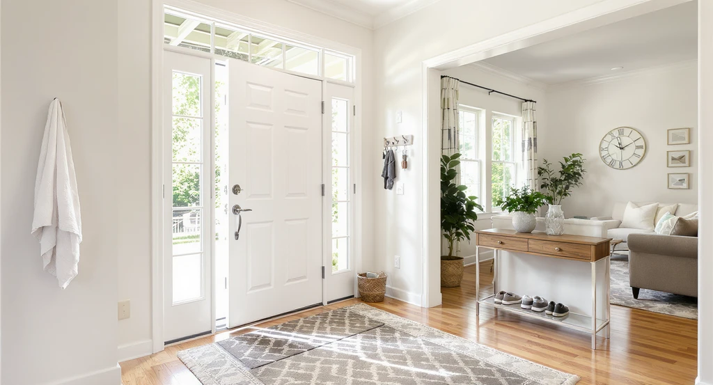 Ultra-realistic entryway staged with AI-powered design tools to enhance home staging impressions—showing a clean, bright foyer, natural light, and inviting layout to visualize what buyers first notice and how virtual staging improves first impressions.