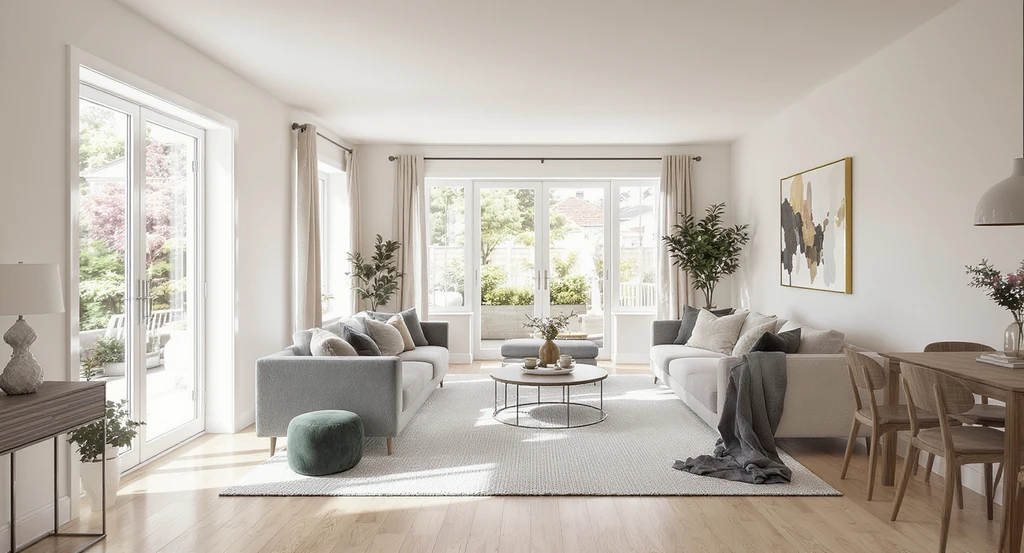 Photorealistic open-plan living area staged with AI-powered virtual tools, showing clear 36-inch-wide walkways and zoned spaces to enhance buyer first impressions.