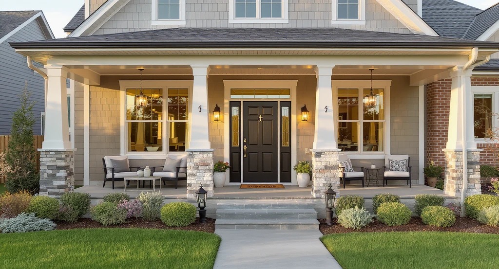 Ultra-realistic image of a pristine, modern home exterior with manicured landscaping, clean walkways, updated lighting, and an inviting entryway, illustrating how AI enhances home staging impressions and helps sellers use AI-powered solutions to improve first impressions.