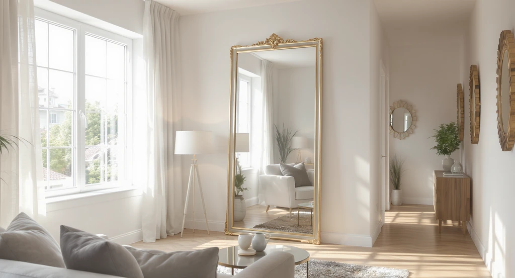 Contemporary living room with a large mirror placed opposite a window, reflecting natural and lamp light to show ai home design solutions for dark rooms.