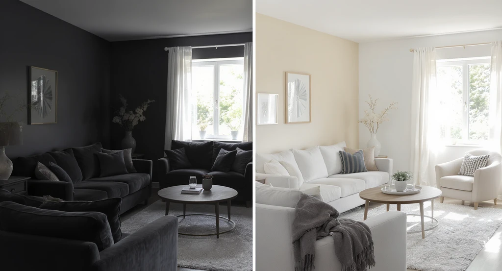 Photorealistic split view of a living room before and after ai home design solutions for dark rooms—dark walls versus AI-visualized brighter room makeover using lighter paint colors, showing best ai tools to brighten home interiors with virtual staging ai for light enhancement in real-time.