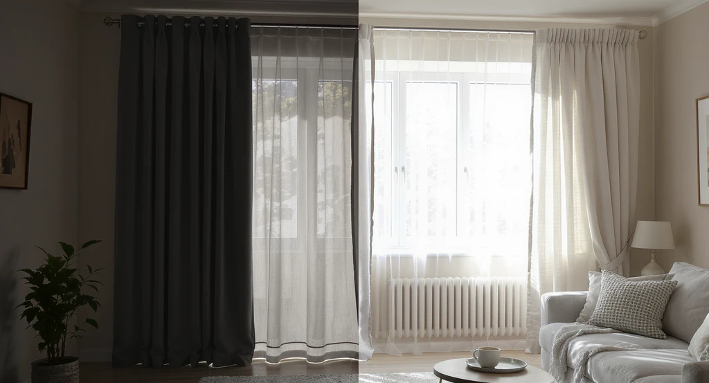 AI home design solutions for dark rooms shown: half the living room window has heavy blackout curtains blocking sunlight, while the other half uses sheer curtains and a wider rod for daylight, illustrating how AI visualizes brighter room makeovers and best ai tools to brighten home interiors.