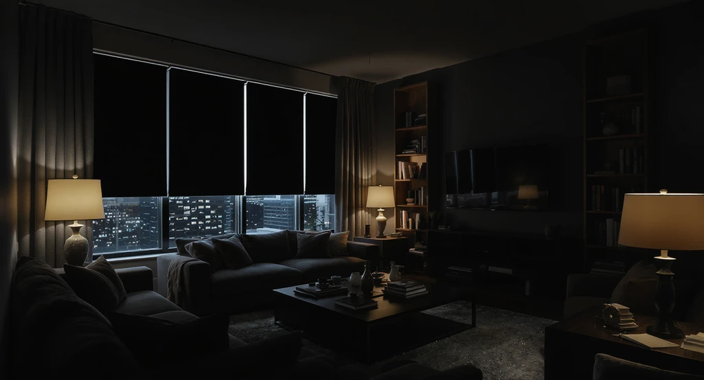 A mid-day living room with large windows obscured by curtains, dark furniture, and insufficient lighting, showing how ai home design solutions for dark rooms visualize lighting issues and brighter room makeovers.
