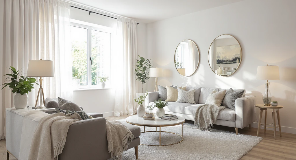 Modern living room uses ai home design solutions for dark rooms—features brighter room makeover with natural light, mirrors, and layered lighting to show how ai can visualize lighting improvements.