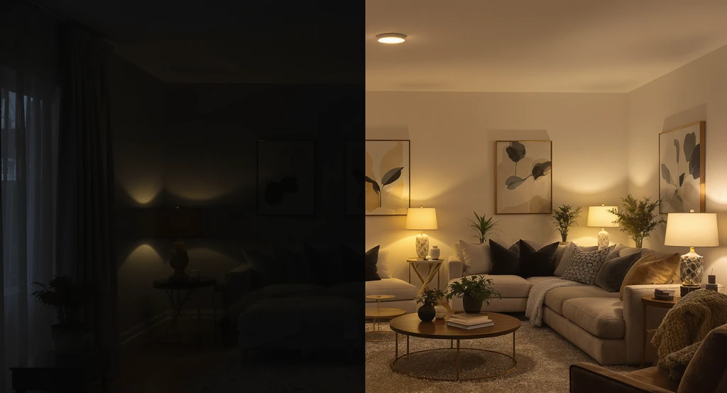 Ultra-realistic comparison of a living room using a single overhead fixture versus layered lighting. See how ai home design solutions for dark rooms, best ai tools to brighten home interiors, and using virtual staging ai for light enhancement can improve gloomy spaces.