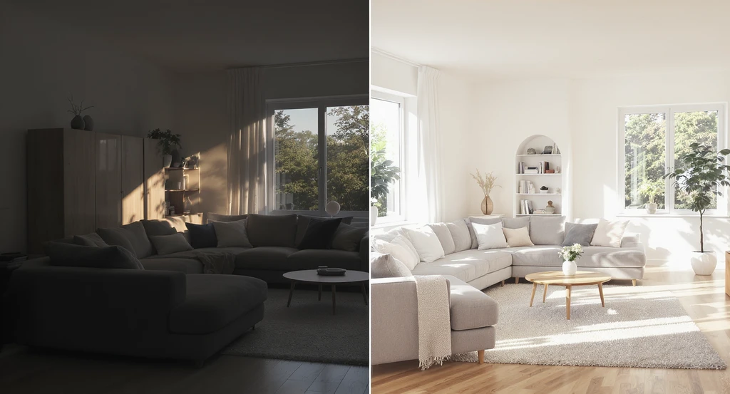 Ultra-realistic split-view of a living room, showing how oversized furniture blocks natural light versus lower-profile, leggy furniture brightening the space. AI home design solutions for dark rooms and how ai visualizes brighter room makeovers are demonstrated in a realistic setting.