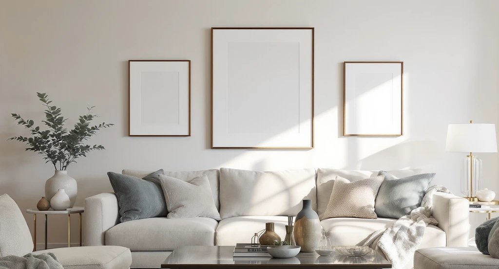 AI-generated image of eclectic living room decor showing properly sized and spaced wall art above a sofa, using the 57-inch rule for impactful arrangement and scale.