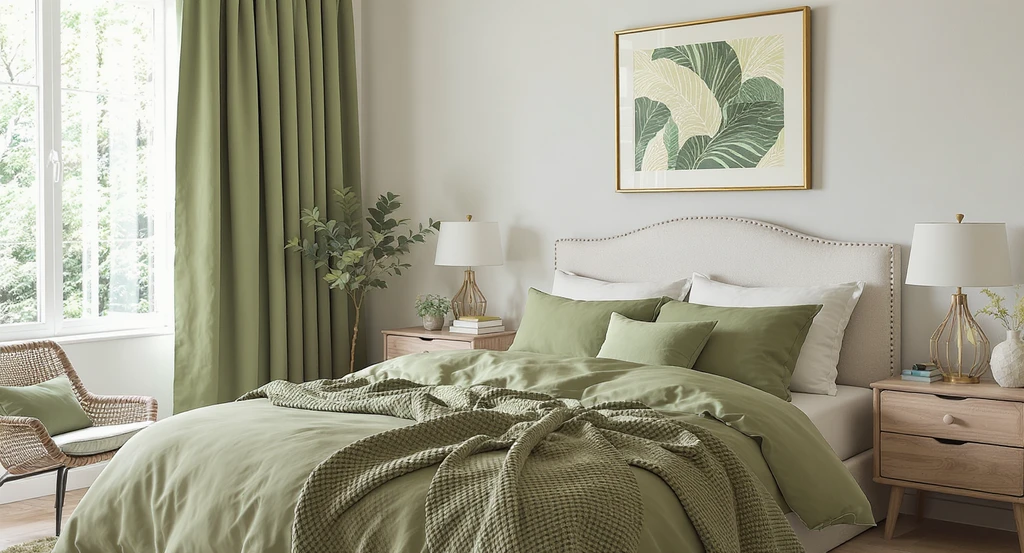 Using AI to visualize eclectic home decor, this bedroom shows how ai room makeover tools create harmony by repeating green across curtains, bed linens, and wall art for a cohesive eclectic look.