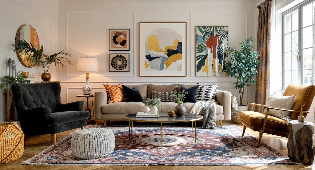 Editorial hero image of an eclectic living room with curated vintage and modern décor, showing how AI visualizes home decor corrections for unique styles.