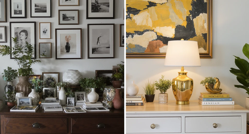 AI-generated ultra-realistic living room tabletop showing one side with eclectic home decor clutter and the other side edited for visual balance—demonstrates ai room makeover for unique styles and virtual ai staging for unconventional rooms.