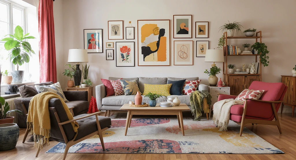 Editorial image using AI to visualize eclectic home decor, showing a vibrant living room with mixed styles, highlighting ai room makeover for unique styles.