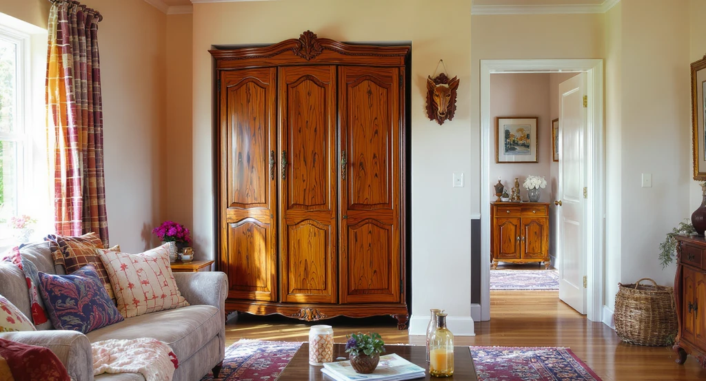 AI-generated visualization of an eclectic living room showing a large armoire extending past a wall corner and crowding a doorway, illustrating a common furniture layout mistake. Using AI to visualize eclectic home decor and virtual ai staging for unconventional rooms.