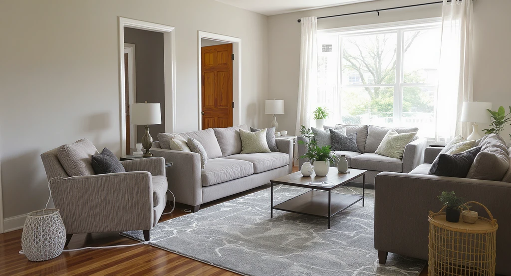 AI room makeover suggestions for living rooms showing furniture blocking walkways and access points, highlighting interior design mistakes with virtual staging AI.