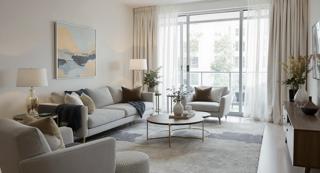 Photorealistic living room with mismatched furniture layout, illustrating ai room makeover suggestions and how ai identifies common interior design mistakes.
