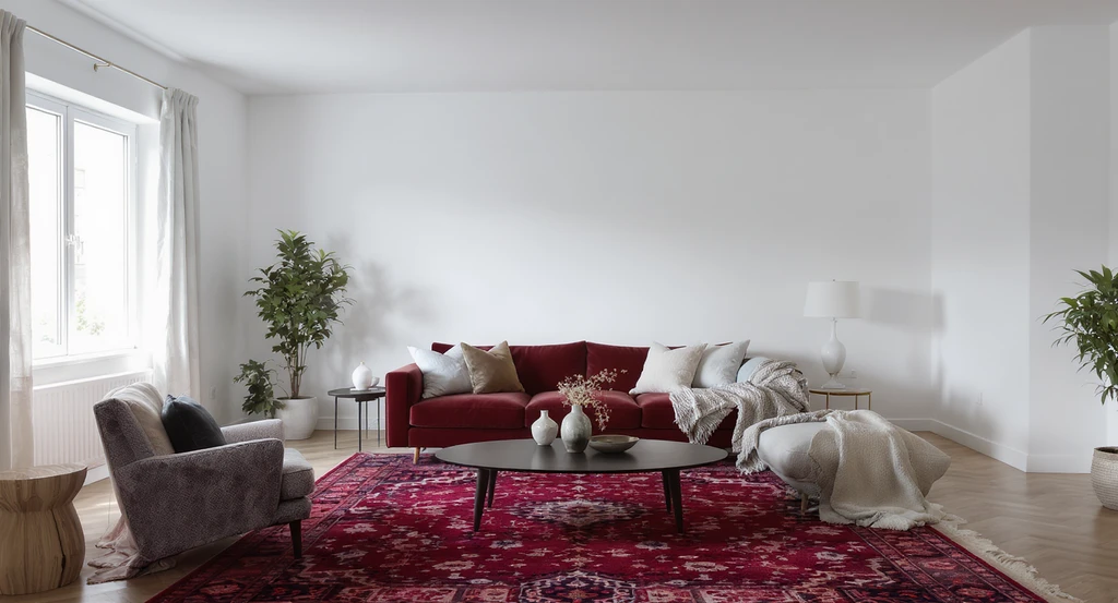 Ultra-realistic living room showing all color and pattern concentrated at floor level with neutral upper walls and bare windows, illustrating ai room makeover suggestions for living rooms and how ai identifies common interior design mistakes.