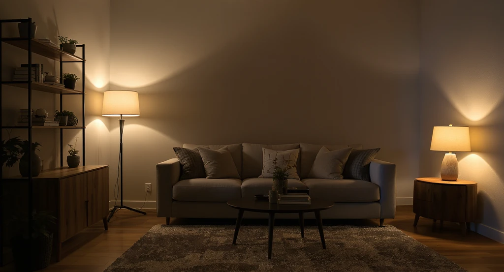 Living room makeover showing ai room makeover suggestions for layered lighting: overhead fixture, floor lamp, and table lamp, improving ambiance and depth.