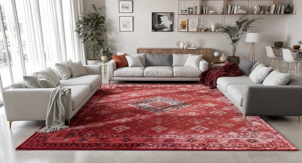 Modern living room showcasing ai room makeover suggestions for living rooms, using ai to improve furniture layout and correctly align rug and seating for improved zoning.