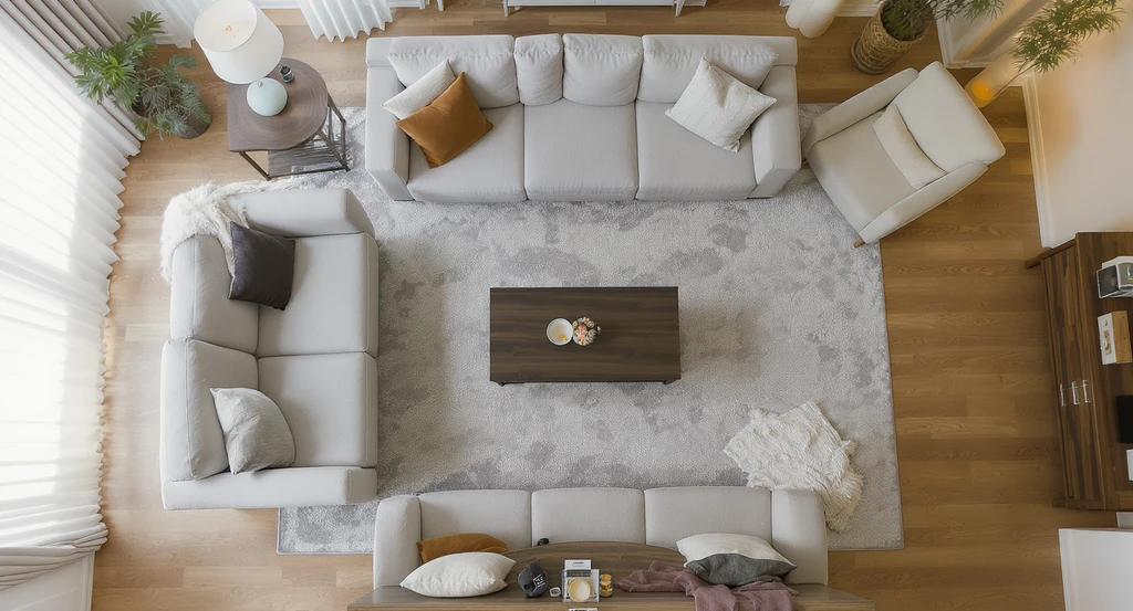 Photorealistic living room with wide, disconnected seating arrangement. AI room makeover suggestions illustrate how using ai to improve furniture layout solves common interior design mistakes in virtual staging ai for residential spaces.
