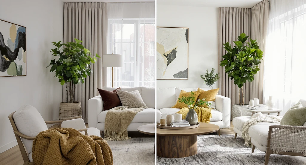 Modern living room after ai room makeover suggestions, showing layered furnishings, personal accents, soft throws, plants, books, and improved furniture layout.