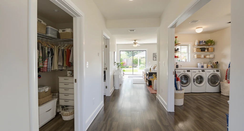 Photorealistic view of an open closet, hallway, laundry area, organized garage, and visible patio, showing how to get more clicks on ai home design listings by optimizing ai-generated home visuals for marketplace and boosting ai home staging with positive reviews.