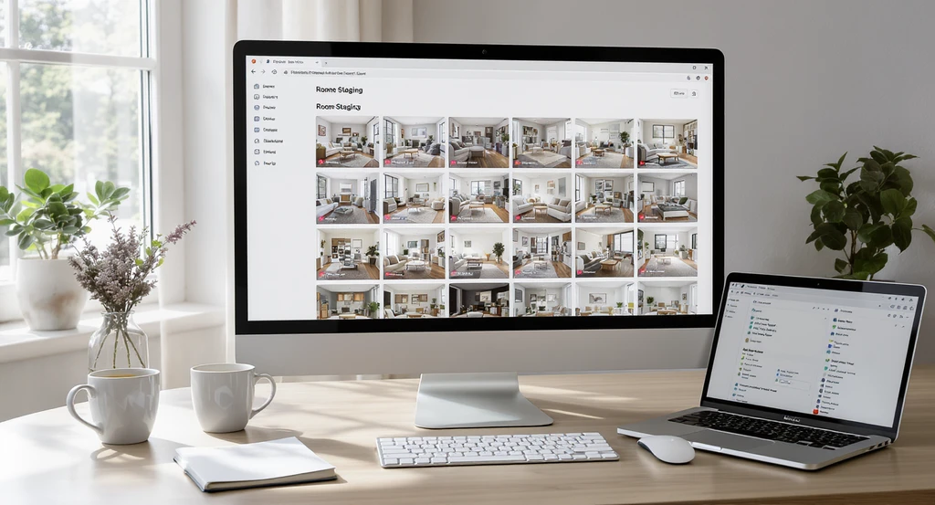 A modern workspace with a computer displaying thumbnail previews of AI home design listings, highlighting ways to get more clicks by optimizing ai-generated home visuals for marketplace, scheduling best times to post ai room designs online, writing keyword-rich titles for ai interior design, and boosting ai home staging with positive reviews.