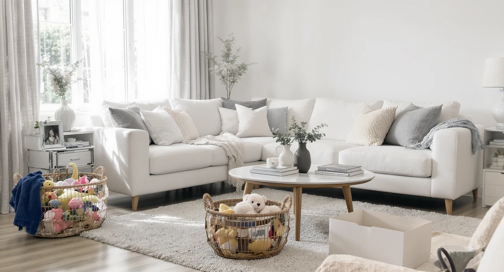 Minimal, clutter-free living room using baskets and boxes to store personal items, optimizing AI-generated home visuals for more clicks on listings.