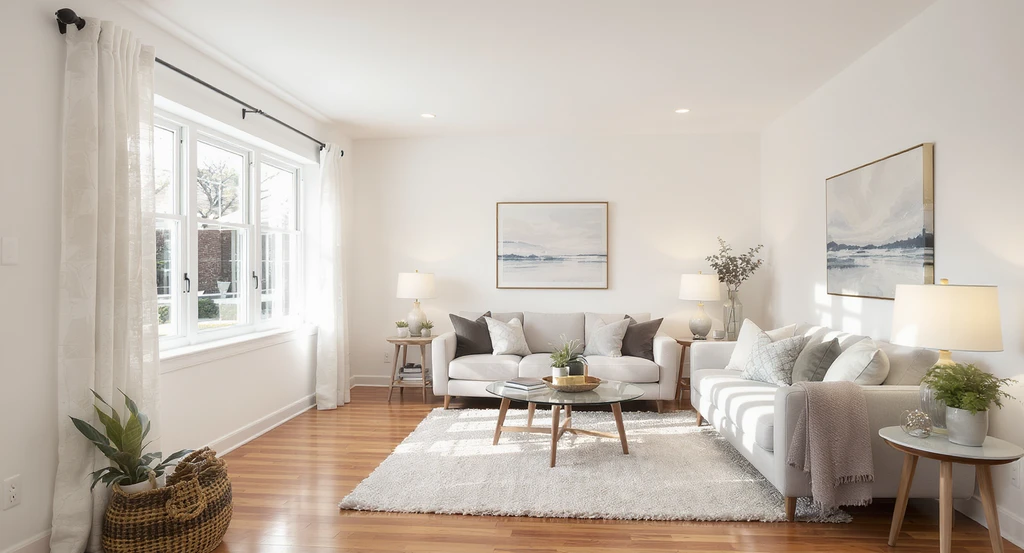 Well-lit living room with sunlight pouring in through open curtains, highlighting how to get more clicks on AI home design listings and optimize ai-generated home visuals for marketplace by showcasing spaces during best times to post ai room designs online.