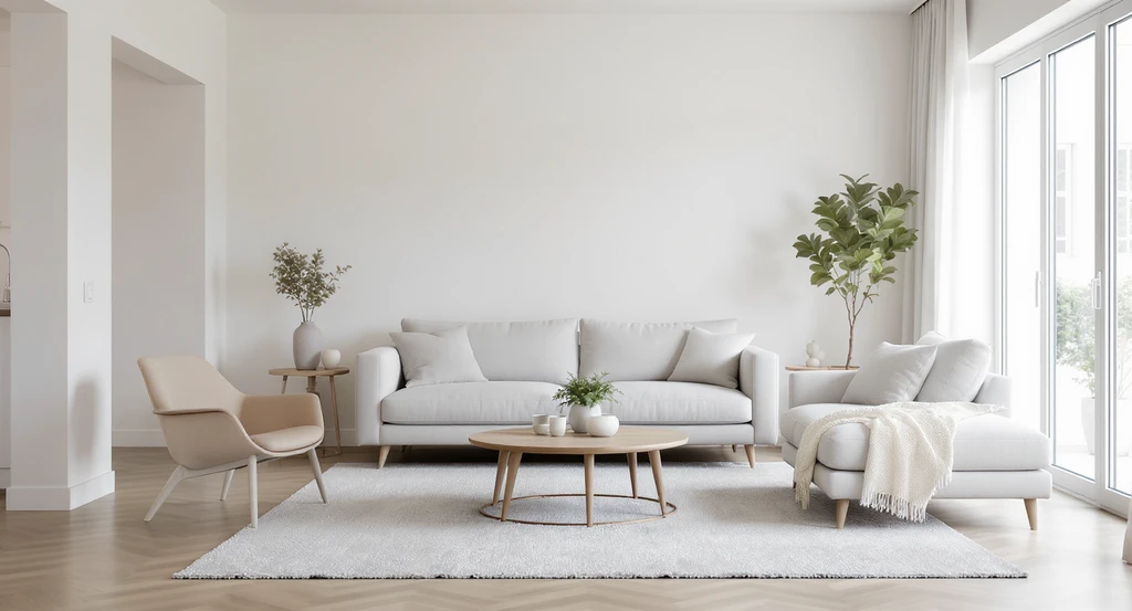 Minimalist living room staged with neutral furniture and unobstructed walkways, perfect for how to get more clicks on ai home design listings and optimize ai-generated home visuals for marketplace.