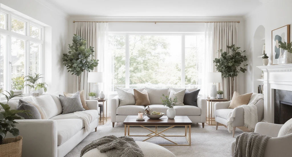 Bright, naturally lit living room staged for a listing, featuring clean lines, no clutter, and optimal angles to get more clicks on AI home design listings while optimizing ai-generated home visuals for marketplace.