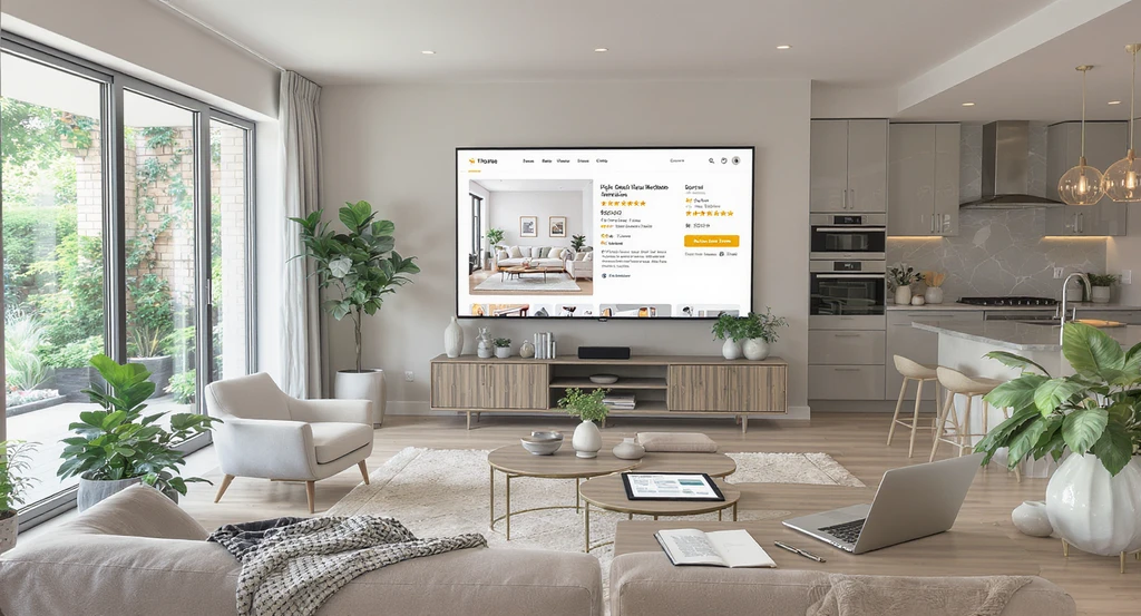 Modern staged living room with high-end AI-generated home visuals on a screen, workspace materials nearby, optimizing AI home design listings and reviews.