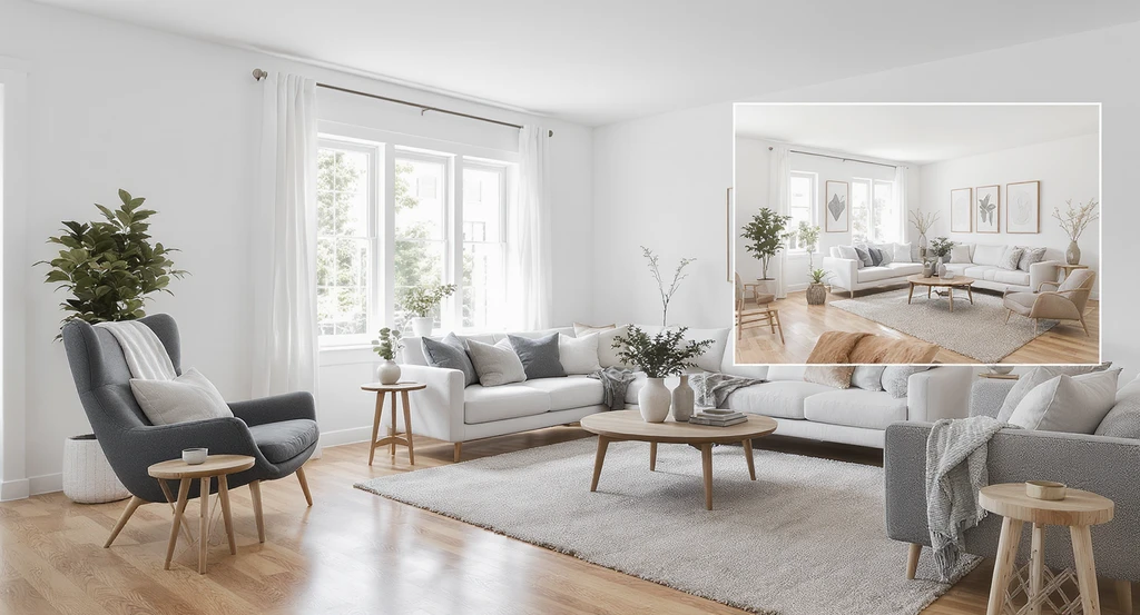 Realistic side-by-side comparison of a virtually staged modern living room versus its empty state, illustrating how AI virtual staging helps homes sell faster and benefits realtors while highlighting the importance of avoiding misleading representations in real estate listings.