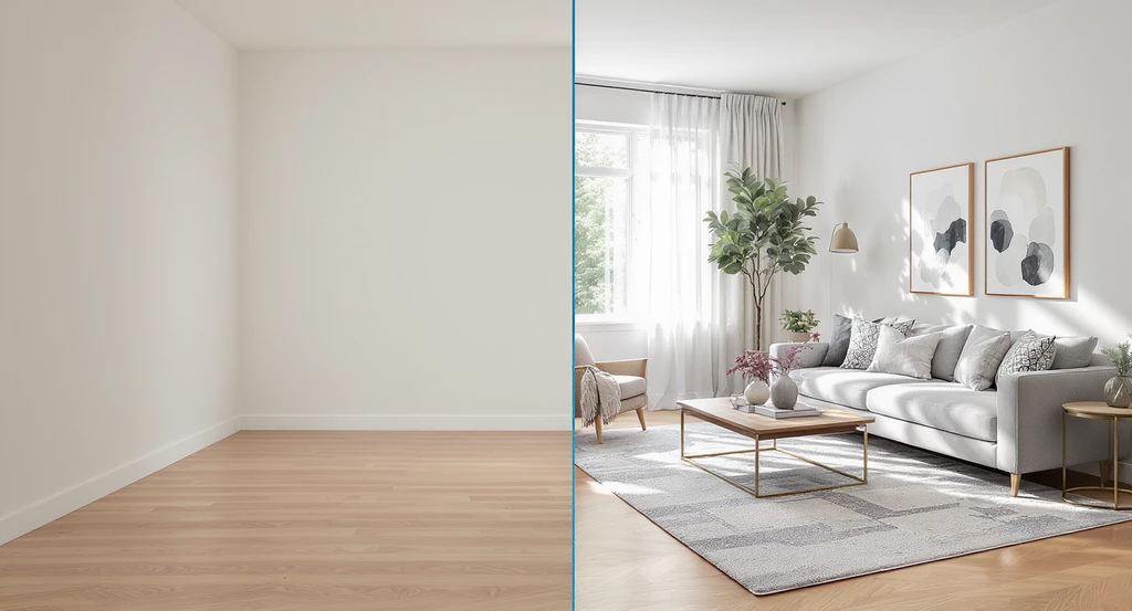 Empty and virtually staged living room side by side, demonstrating does virtual staging sell homes faster and benefits of ai virtual staging for realtors. Clear split visual shows virtual vs physical staging, transparency, and how ai visualization tools enhance home sales.