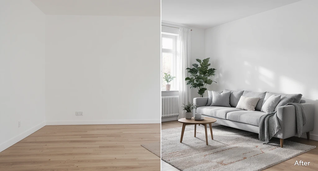 A split-view living room shows one empty and one virtually staged side with modern furniture, illustrating how ai visualization tools help home buyers grasp space, avoid risks of misleading virtual home staging, and highlight the benefits of ai virtual staging for realtors.