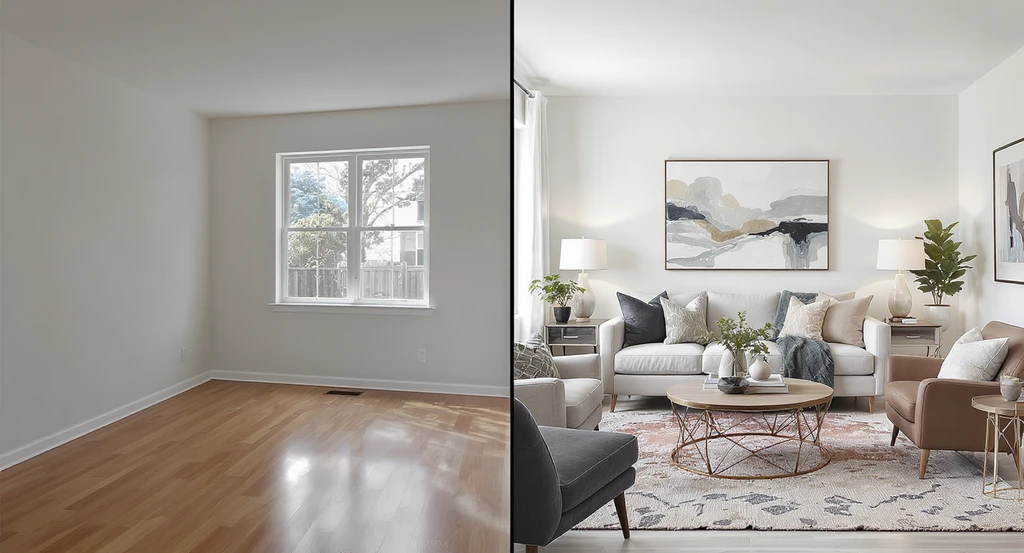 Split-screen photo comparing an empty living room and its virtually staged version, illustrating does virtual staging sell homes faster, the benefits of ai virtual staging for realtors, and the risks of misleading virtual home staging in real estate listings.