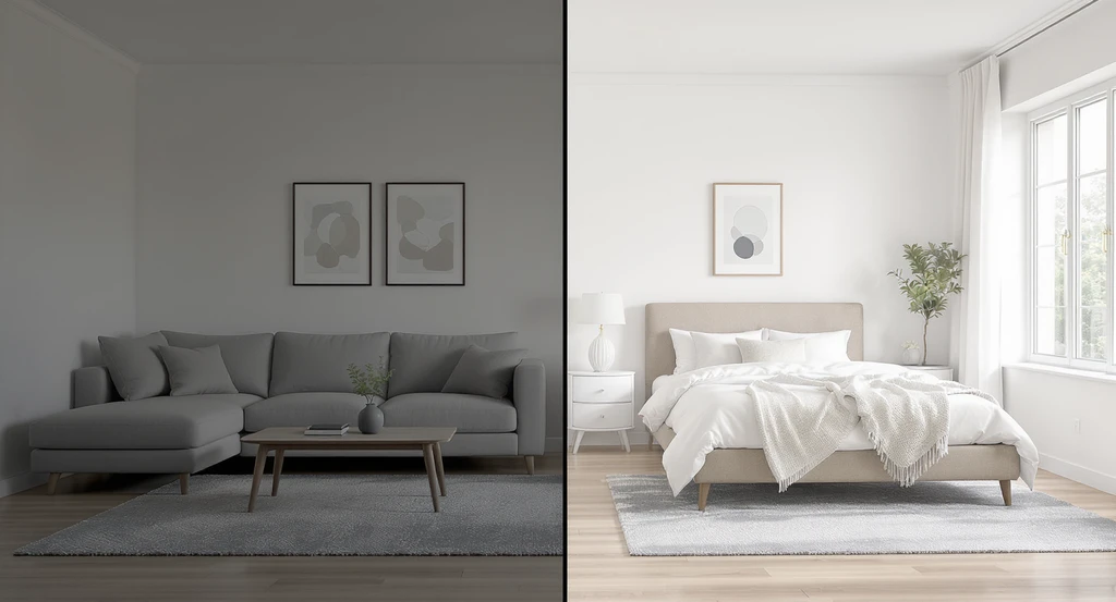 A modern living room virtually staged side-by-side: one side with correctly scaled 84-inch sofa and queen bed, the other with undersized furnishings, illustrating how ai visualization tools enhance home sales and the risks of misleading virtual home staging compared to physical staging.